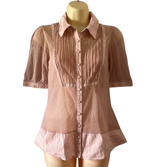 CITY UNLTD Blush Pink Mesh Blouse Size Small Button Front Short Sleeves - Picture 2 of 8